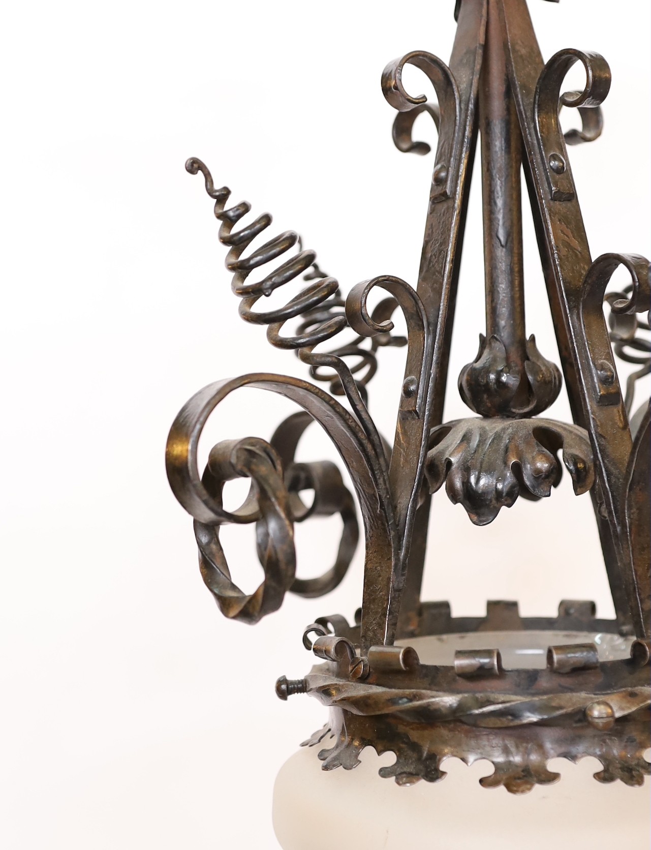 An early 20th century French wrought iron and cut and frosted glass hall lantern, height 40cm